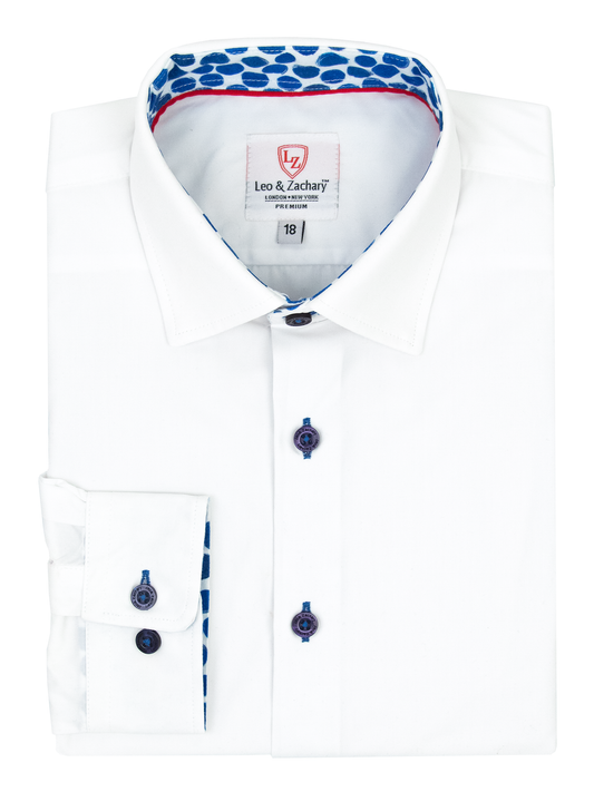 Leo & Zachary 39718 Boy's Long Sleeve Sport Shirt - Solid - White/Royal