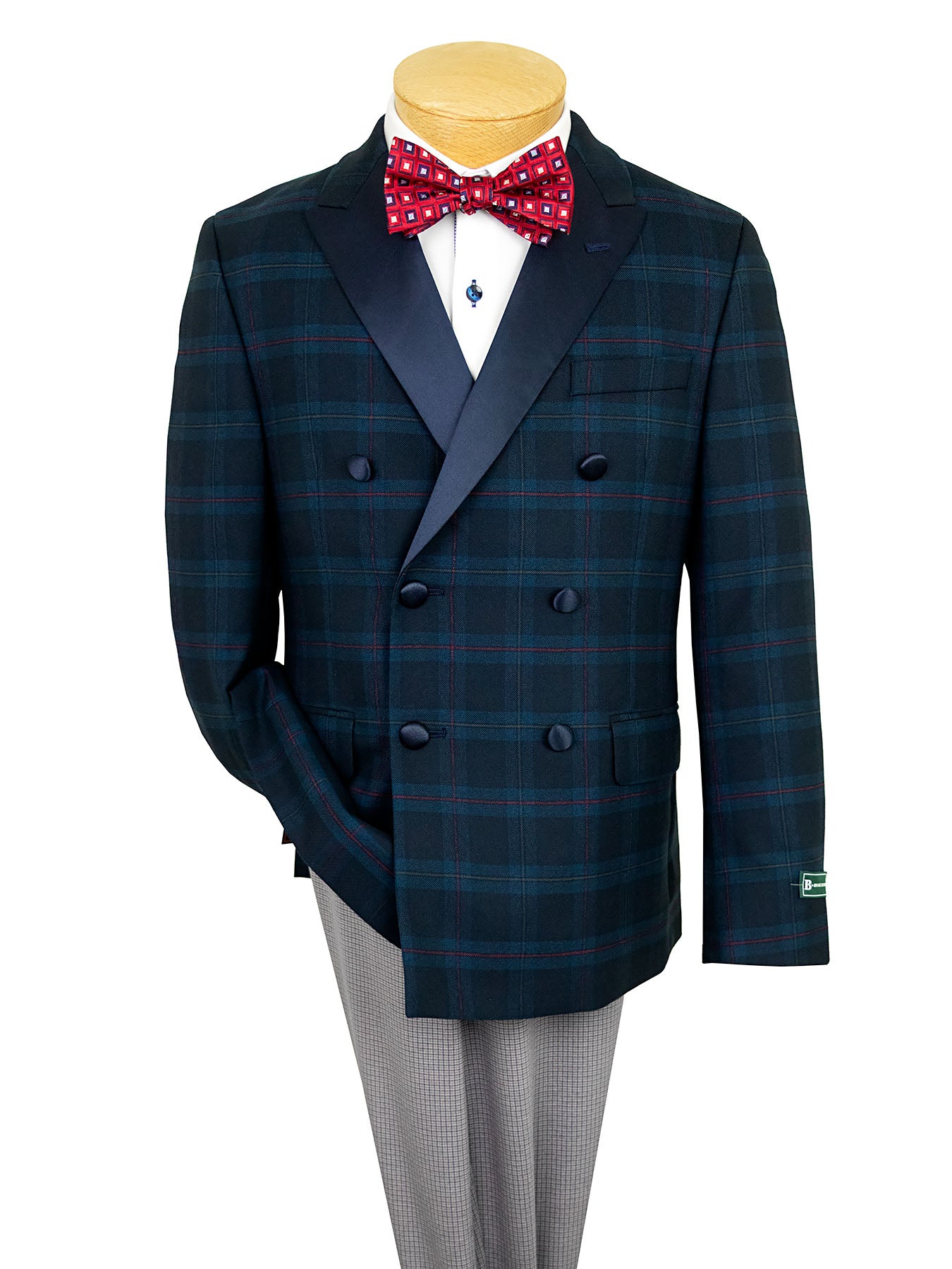 B by Brooks Brothers 40021 Boy's Dinner Jacket - Plaid - Navy