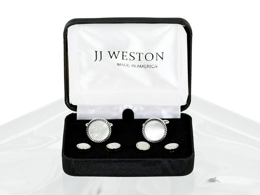 JJ Weston 40713 Cufflinks & Studs Formal Set - Diamond Cut Edge - Silver Mother of Pearl
