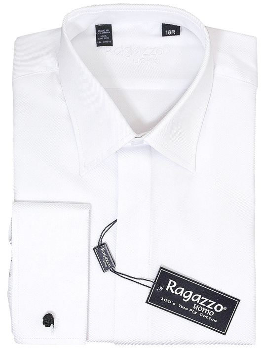 Ragazzo 8219 Boy's Dress Shirt - French Cuff - Tonal Diagonal Weave - White