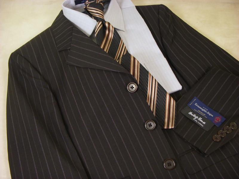 Vitali 104 100% Wool Boy's Skinny Suit - Stripe - Brown