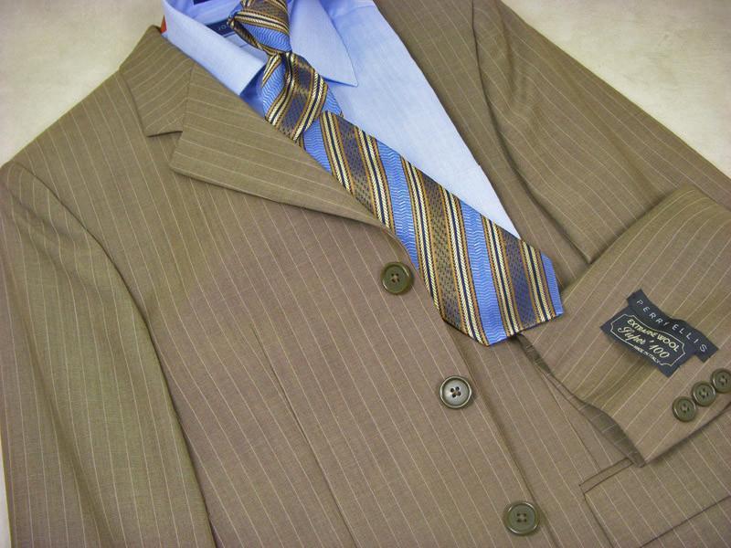 Perry Ellis 126 100% Wool Boy's Suit - Stripe - Khaki