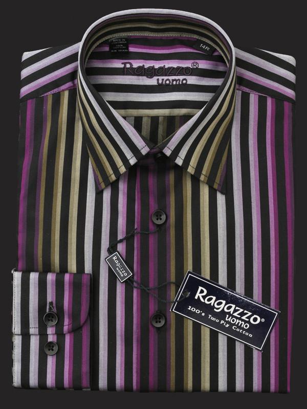 Ragazzo 13031 100% Cotton Boy's Dress Shirt - Stripe - Black/Multi