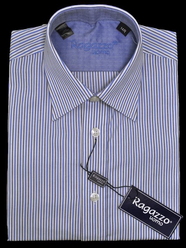 Ragazzo 13738 100% Cotton Boy's Dress Shirt - Stripe - Blue, navy, and white, Long Sleeve