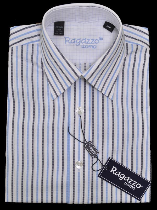 Ragazzo 13801 100% Cotton Boy's Dress Shirt - Stripe - Blue, navy, and white, Long Sleeve