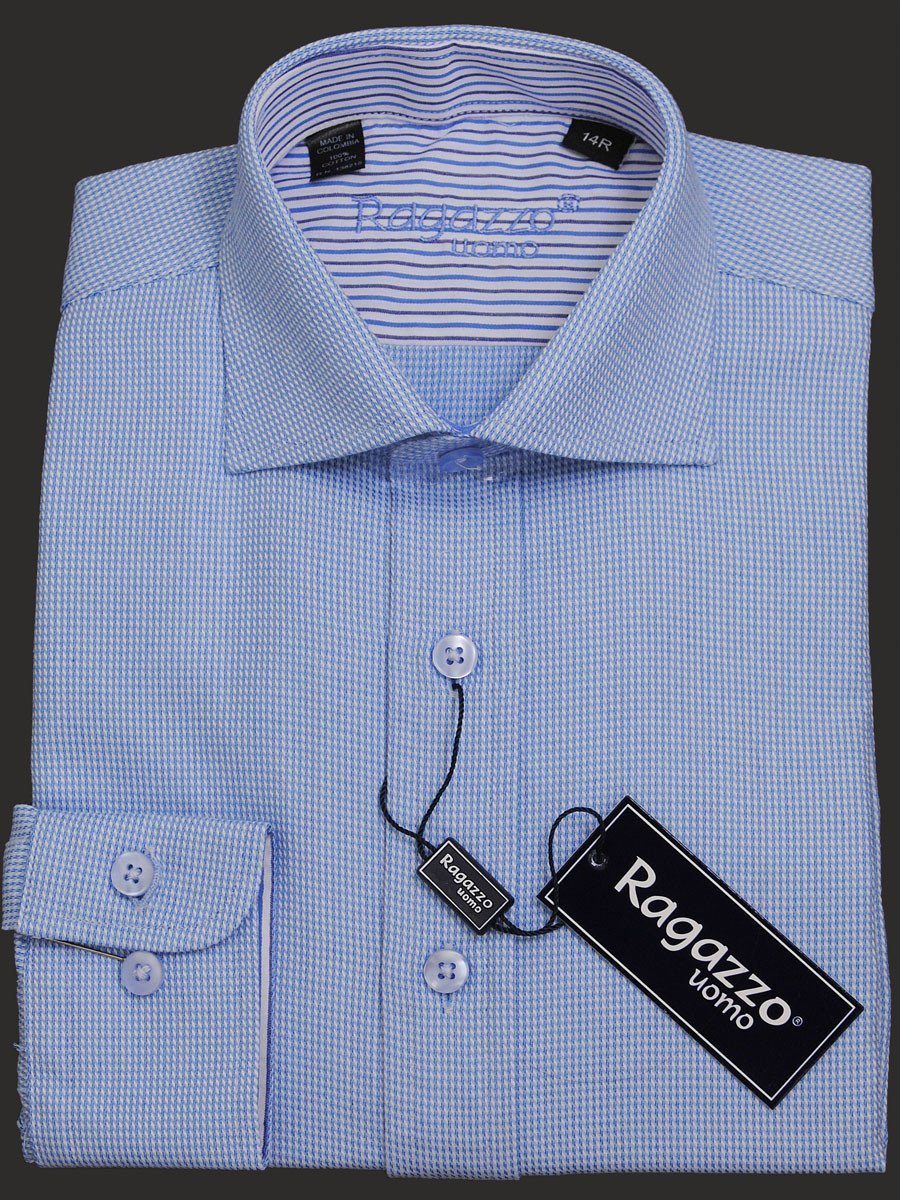 Ragazzo 14049 100% Cotton Boy's Dress Shirt - Mini-Houndstooth - Blue