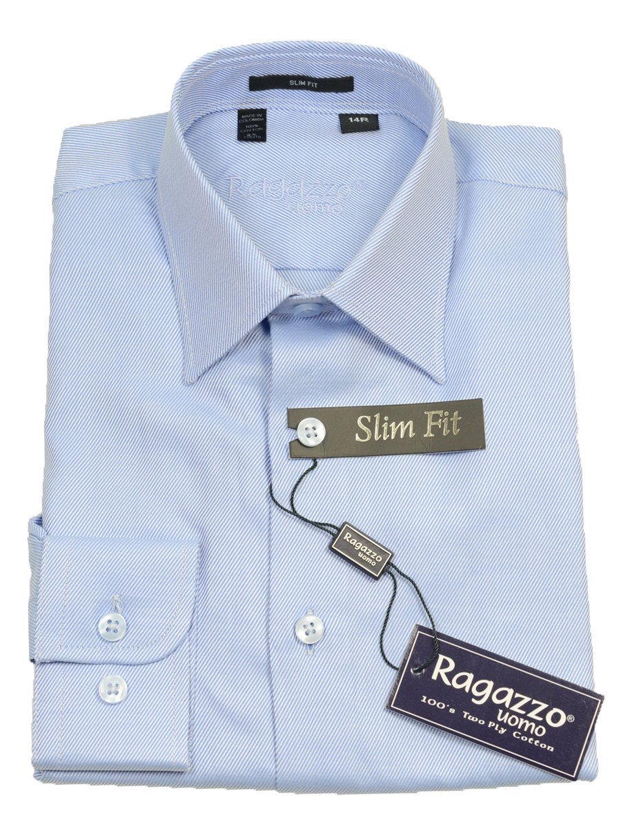 Ragazzo 14085 Sky Blue Slim Fit Boy's Dress Shirt - Tonal Diagonal Weave - 100% Cotton Boys Dress Shirt Ragazzo 8 SLIM Sky Blue MODIFIED SPREAD COLLAR (right)
