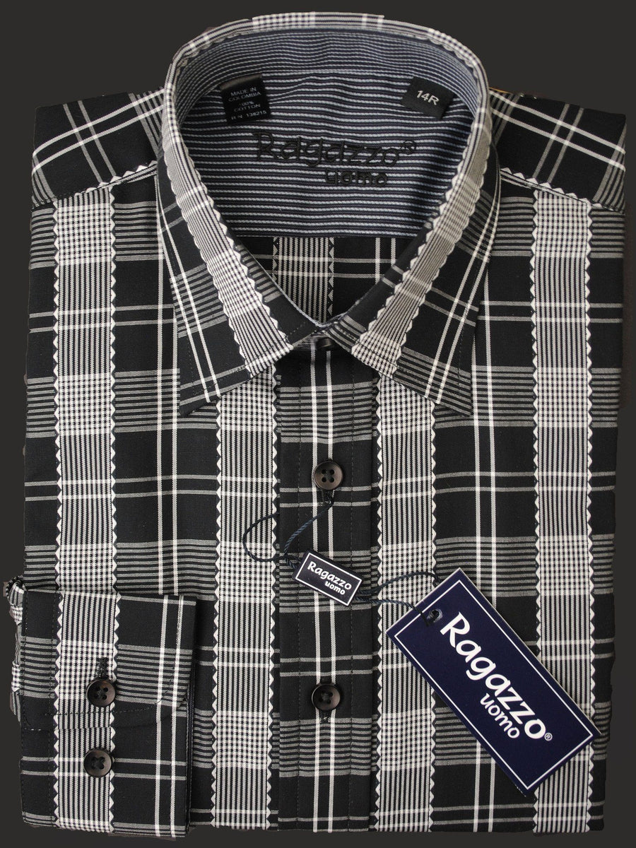 Ragazzo 14880 100% Cotton Boy's Dress Shirt - Plaid - Black