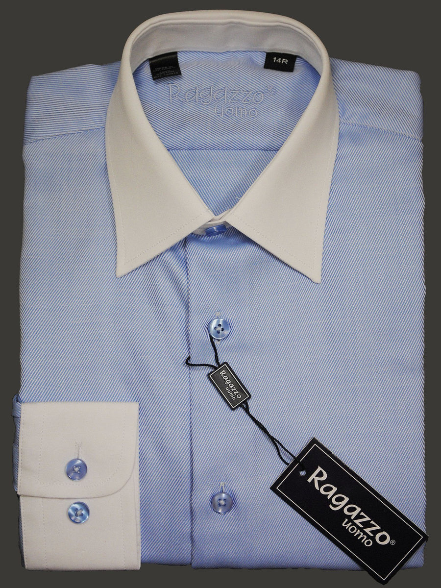 Ragazzo 14970 Sky Blue Boy's Dress Shirt - Diagonal Tonal Weave - 100% Cotton - White Collar/Cuffs- Button Cuffs