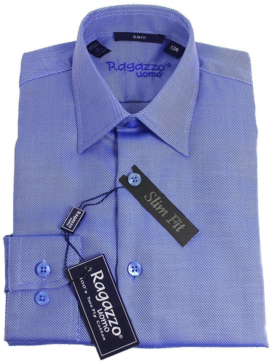 Ragazzo 15919 French Blue Slim Fit Boy's Dress Shirt - Diagonal Tonal Weave - 100% Cotton - English Spread Collar - Button Cuff