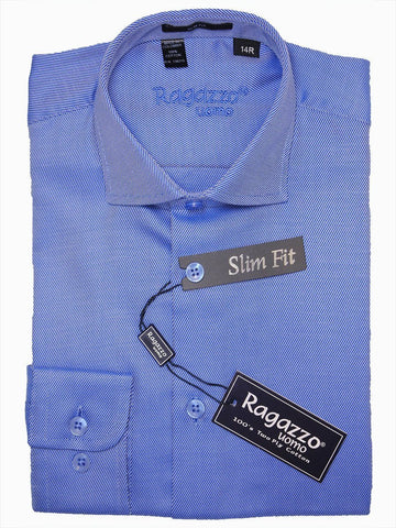Image of Ragazzo 15919 French Blue Slim Fit Boy's Dress Shirt - Diagonal Tonal Weave - 100% Cotton - English Spread Collar - Button Cuff