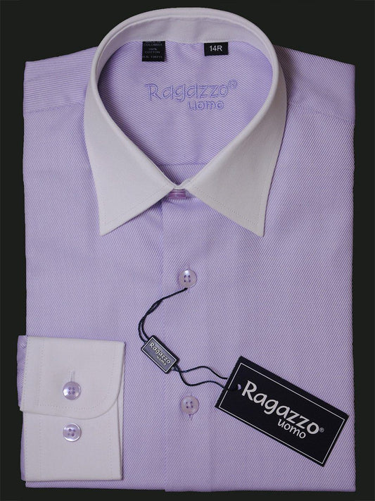 Ragazzo 15933 Lavender/White Boy's Dress Shirt - Diagonal Tonal Weave - 100% Cotton - White Collar/Cuffs - Button Cuffs