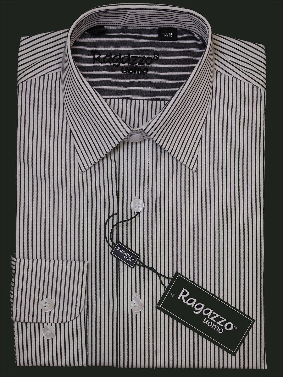 Ragazzo 15954 100% Cotton Boy's Dress Shirt - Stripe - White and Black, Long Sleeve