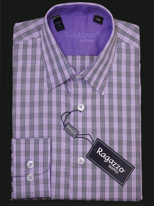 Ragazzo 15961 100% Cotton Boy's Dress Shirt - Plaid - Lavender and black, Long Sleeve