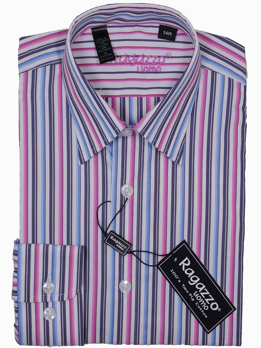 Ragazzo 15975 75% Cotton/22% Poliamide/3% Elastine Boy's Dress Shirt - Stripe - White, pink, blue, and navy, Long Sleeve