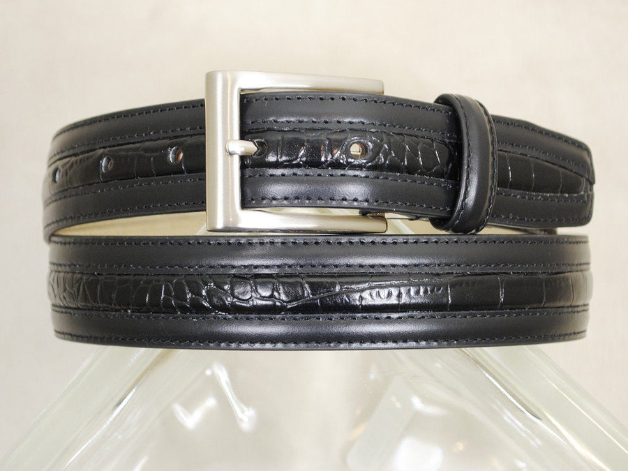 B/Master 16698 Genuine Italian leather Boy's Belt - Crocodile styled trim - Black, Silver Buckle