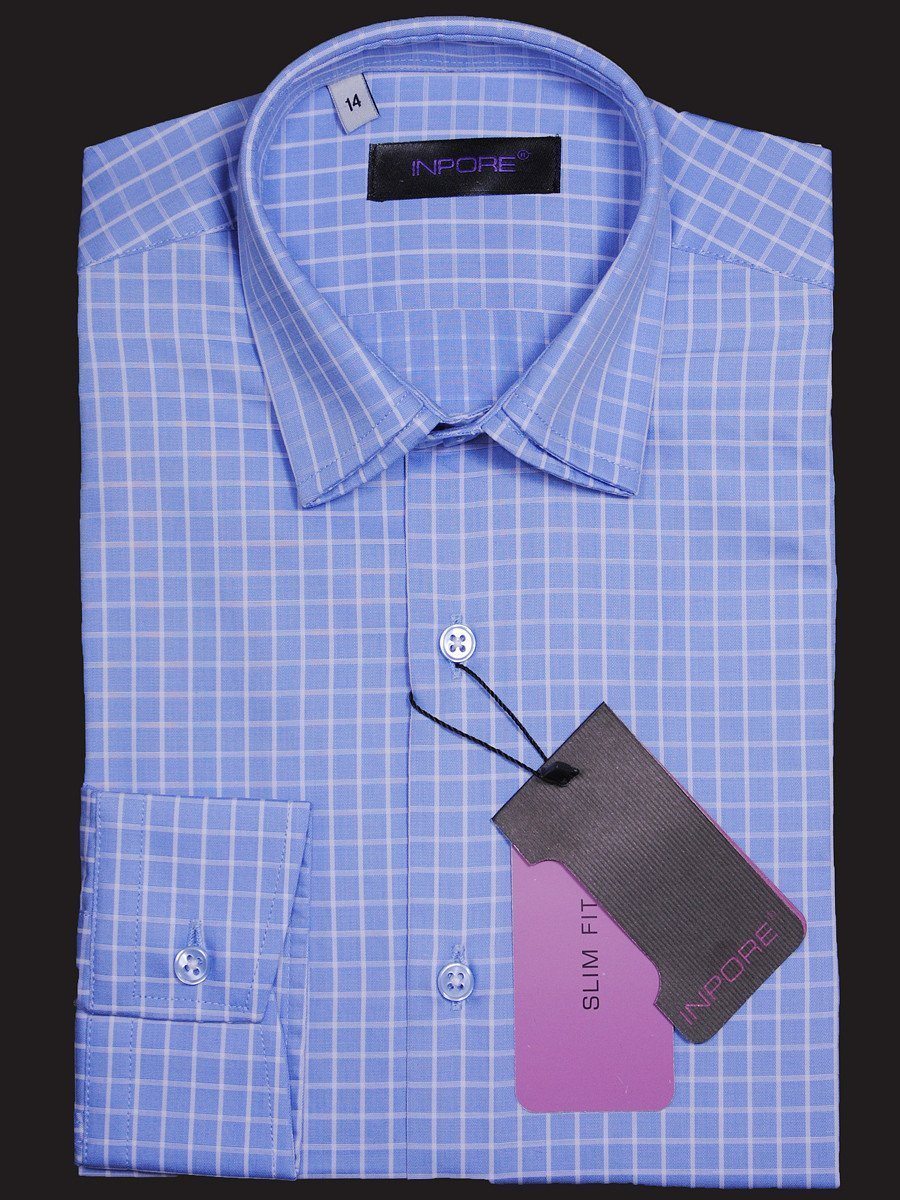 Inpore 16873 Blue/White Slim Fit Boy's Dress Shirt - Check - 100% Cotton - Long Sleeve - Button Cuff - Doubled spread collar