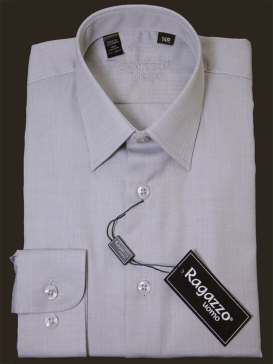 Ragazzo 17707 100% Cotton Boy's Dress Shirt - Tonal Herringbone - Silver, Long Sleeve Boys Dress Shirt Ragazzo 
