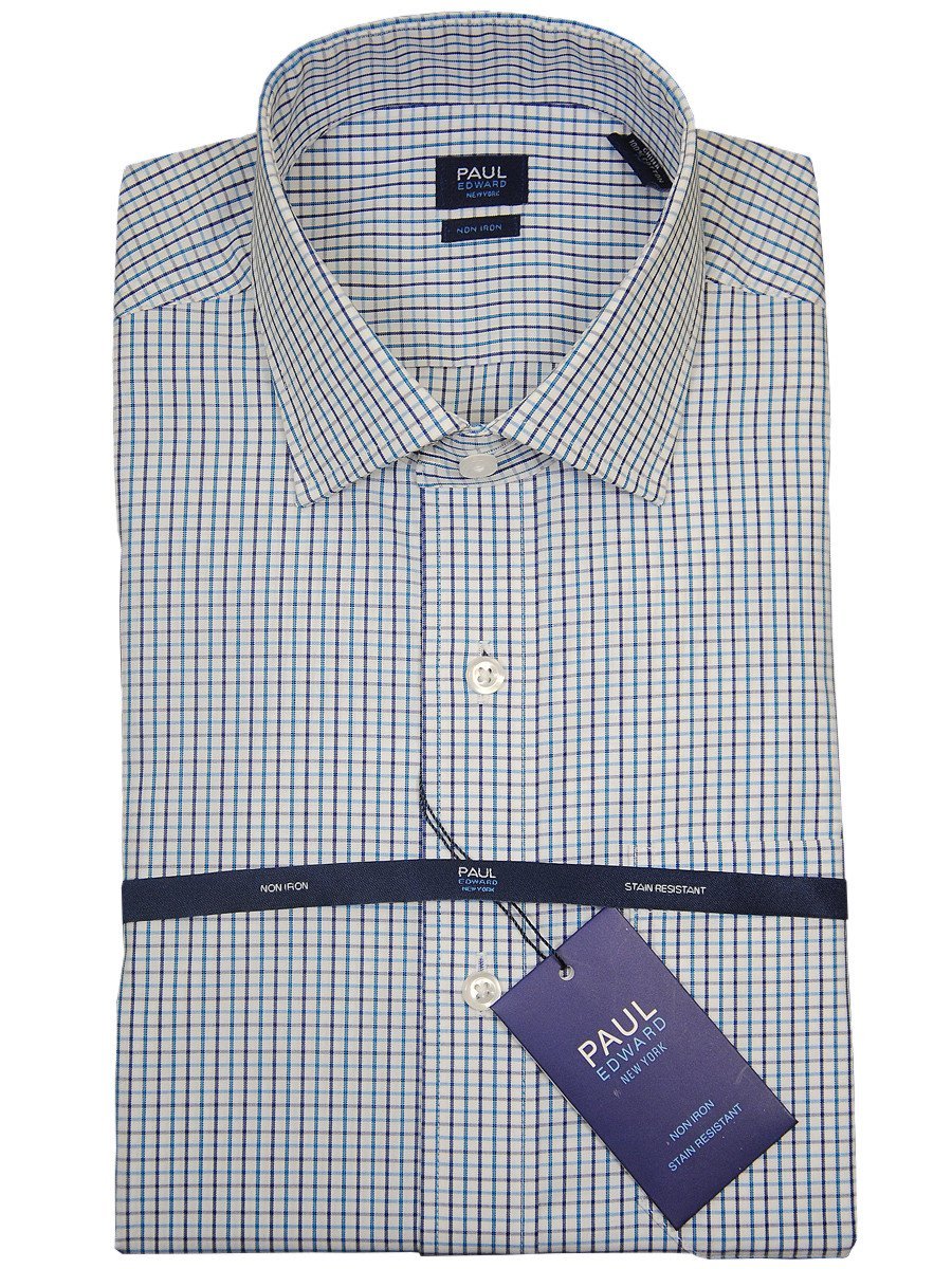 Paul Edward 17742 100% Cotton Boy's Dress Shirt - Check - Turquoise/Navy, Long Sleeve Boys Dress Shirt Paul Edward 