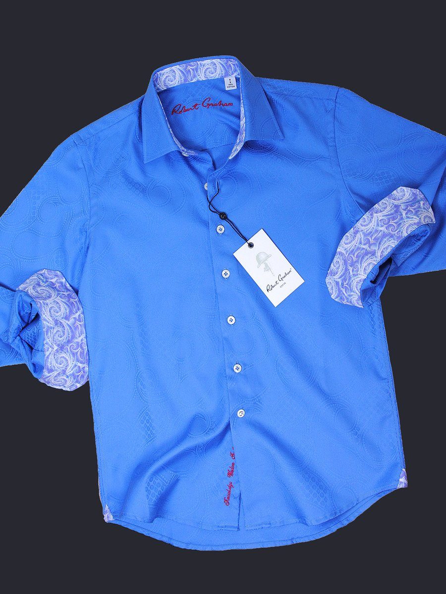 Robert Graham 18005 100% Cotton Boy's Sport Shirt - Jacquard Paisley - Blue, Modified Spread Collar Boys Sport Shirt Robert Graham 