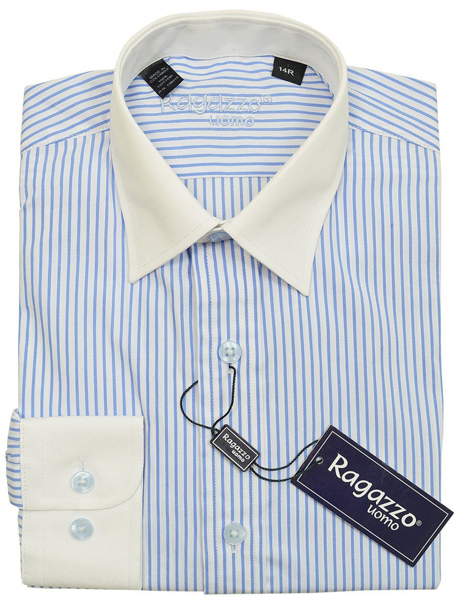 Ragazzo 18773 100% Cotton Boy's Dress Shirt - Stripe - Blue / White, Modified Spread Collar Boys Dress Shirt Ragazzo 
