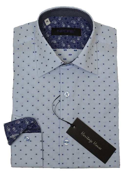 Inpore 18977 100% Cotton Boy's Dress Shirt - Dots - Blue, Contemporary Slim Fit Boys Dress Shirt Inpore 