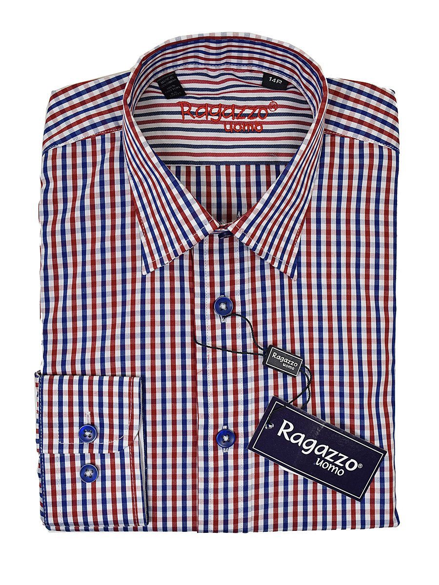Ragazzo19264 100% Cotton Boy's Sport Shirt - Check - Red/White/Blue, Modified Spread Collar Boys Sport Shirt Ragazzo 