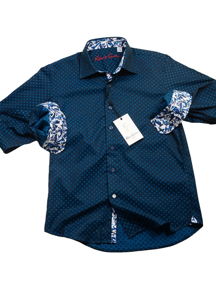 Robert Graham 20532 100% Cotton Boy's Sport Shirt - Fancy Diamond Box Dot - Modified Spread Collar, Emerald Boys Sport Shirt Robert Graham 