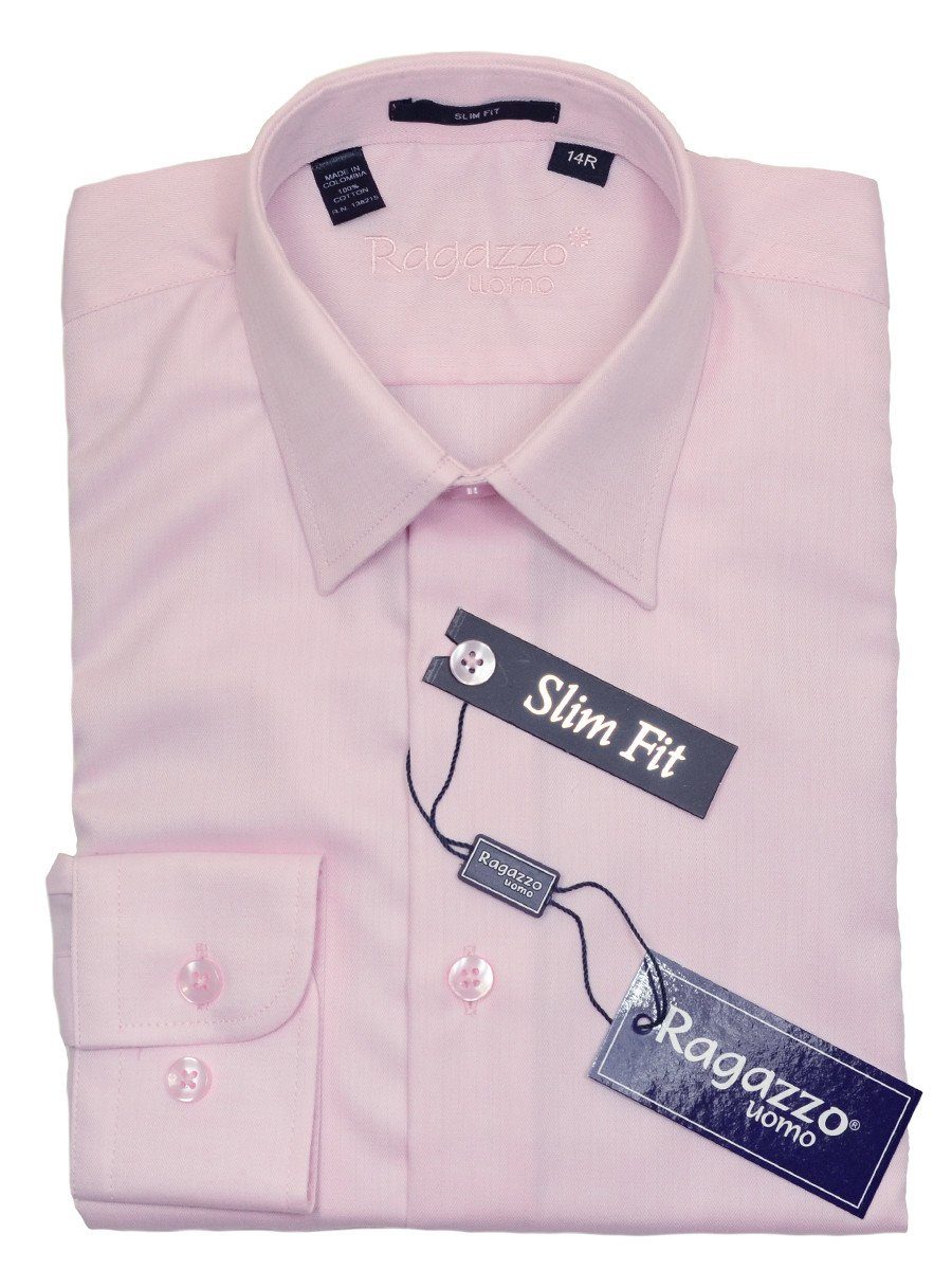 Ragazzo 20780 100% Cotton Boy's Slim Fit Dress Shirt - Tonal Herringbone - Pink, Modified Spread Collar Boys Dress Shirt Ragazzo 