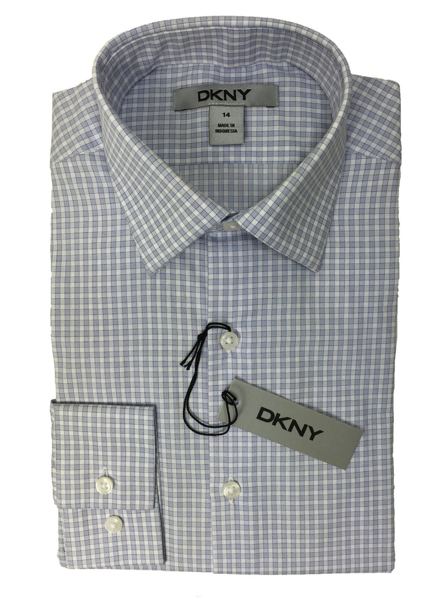 DKNY 20927 100% Cotton Boy's Dress Shirt - Plaid - Blue/White, Modified Spread Collar Boys Dress Shirt DKNY 