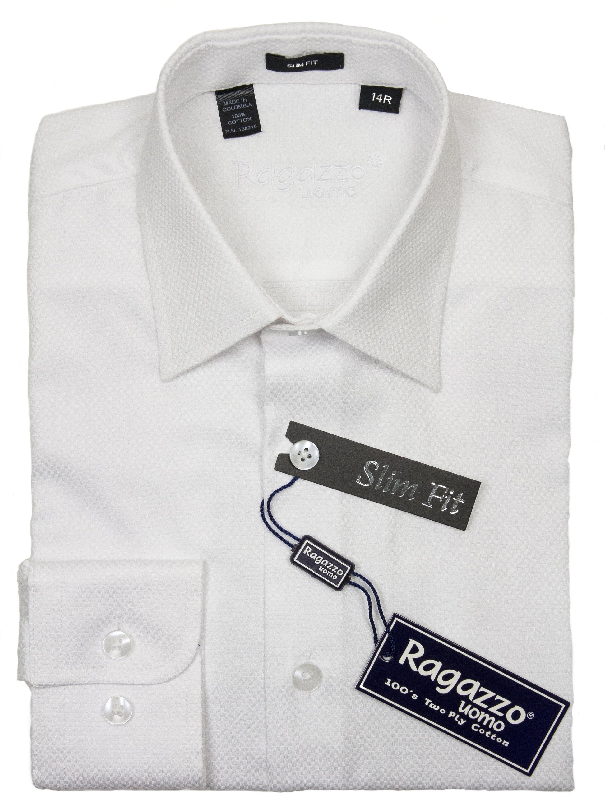 Ragazzo 21098 100% Cotton Boy's Dress Shirt - Box Weave - White, Skinny SLIM Fit 20 SLIM / White Ragazzo 21098 100% Cotton Boy's Dress Shirt - Box Weave - White, Skinny SLIM Fit 20 SLIM / White