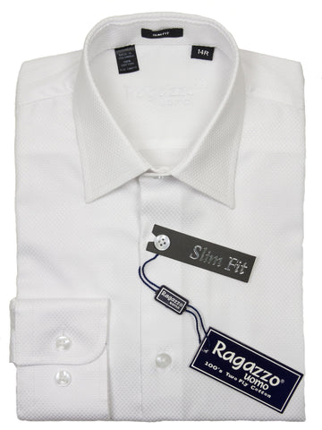 Ragazzo 21098 100% Cotton Boy's Dress Shirt - Box Weave - White, Skinny Slim Fit Boys Dress Shirt Ragazzo 