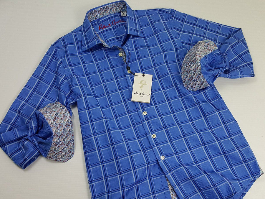 Robert Graham 21114 100% Cotton Boy's Sport Shirt - Jacquard Plaid - Blue, Modified Spread Collar Boys Sport Shirt Robert Graham 