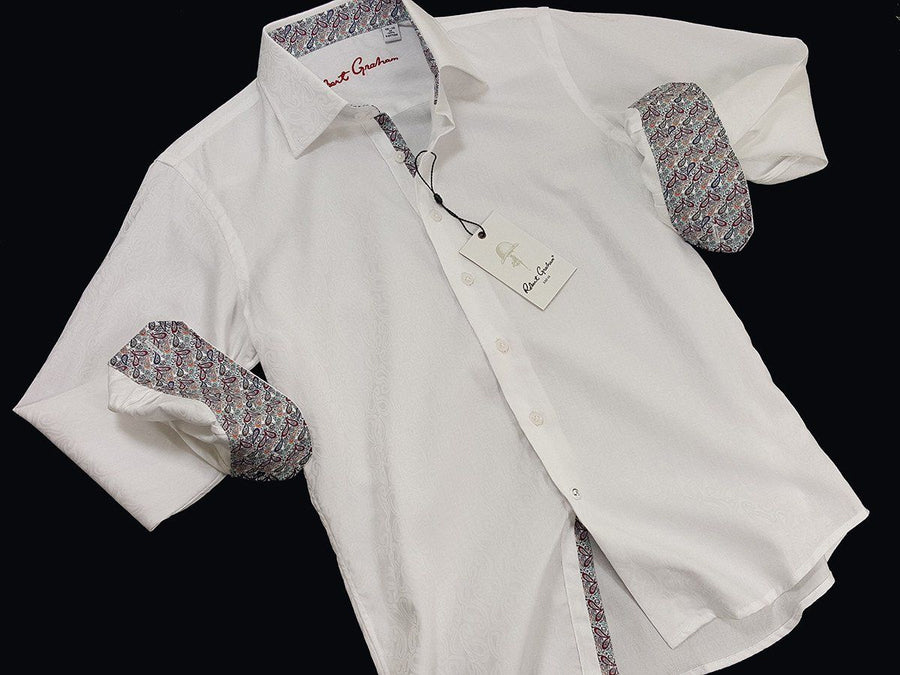 Robert Graham 21118 100% Cotton Boy's Sport Shirt - Jacquard Paisley - White, Modified Spread Collar Boys Sport Shirt Robert Graham 