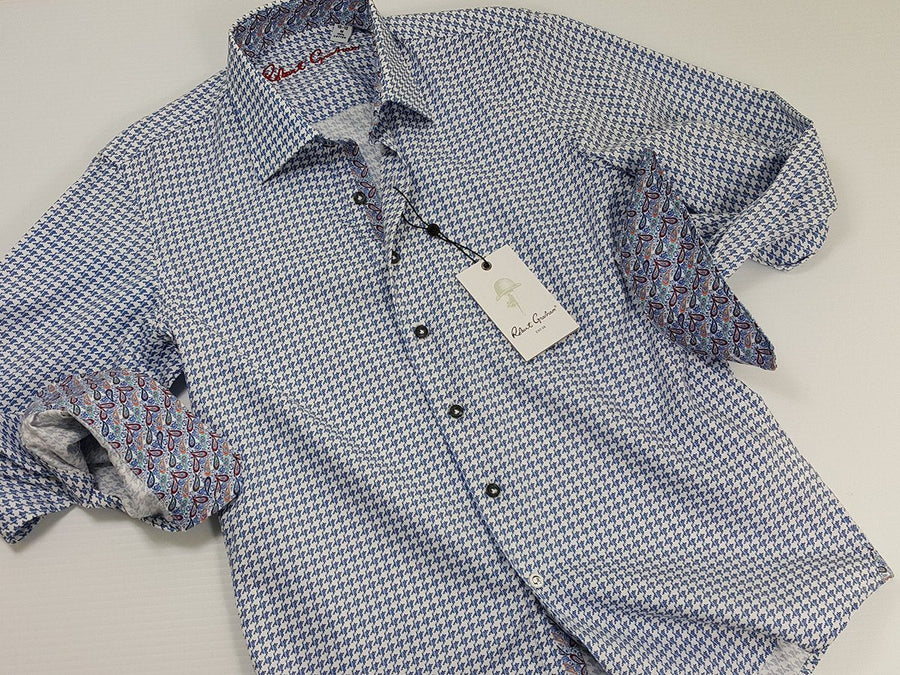 Robert Graham 21122 100% Cotton Boy's Sport Shirt - Houndstooth - Blue/White, Modified Spread Collar Boys Sport Shirt Robert Graham 