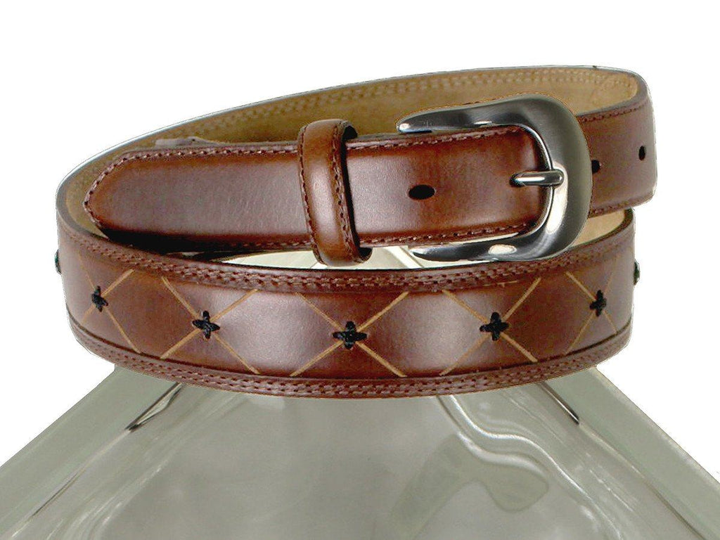 Brighton 21306 100% Leather Boy's Belt - Classic Diamond Pattern With  Cross-stitch - Brown
