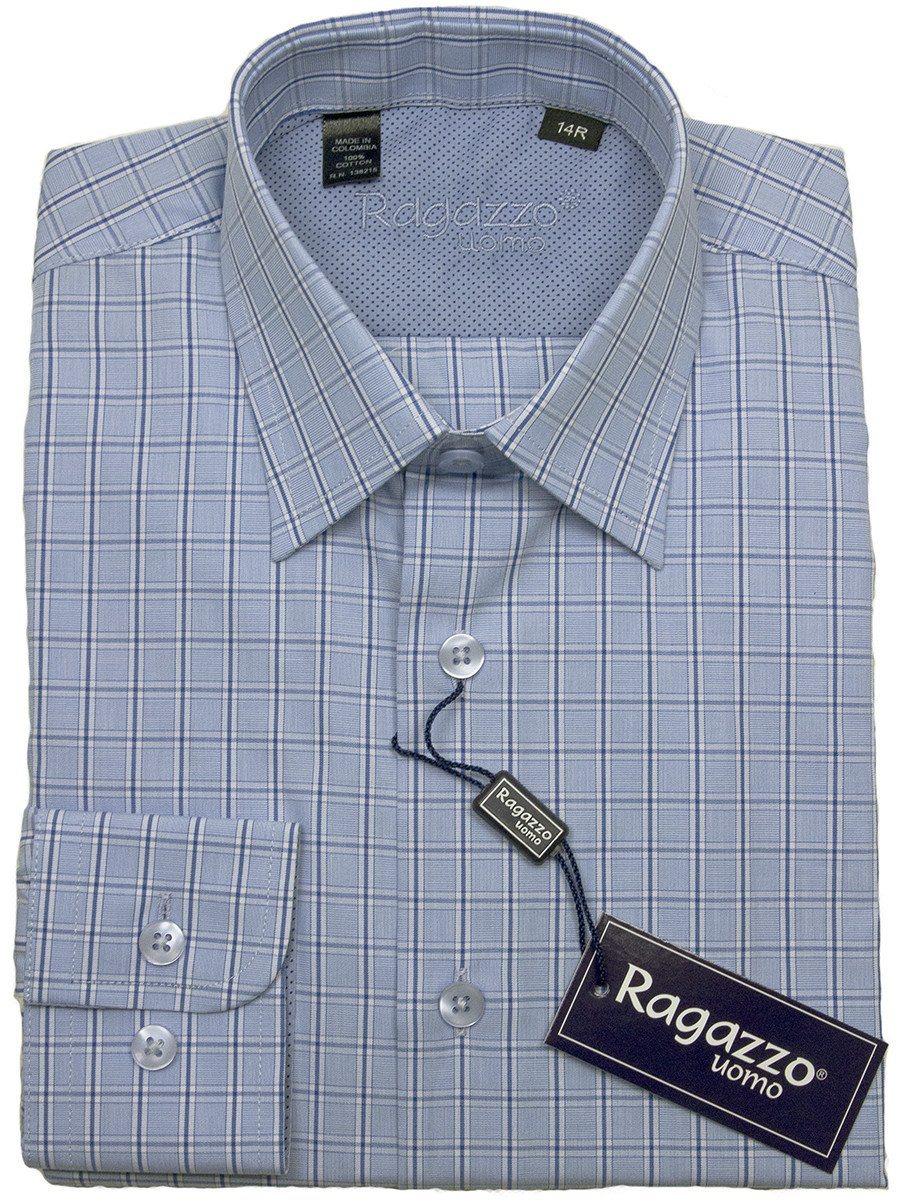 Ragazzo 24416 100% Cotton Boy's Dress Shirt - Plaid - Blue Boys Dress Shirt Ragazzo 