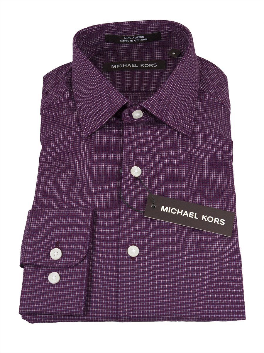 Michael Kors 25314 100% Cotton Boy's Dress Shirt - Check - Burgundy, Modified Spread Collar Boys Dress Shirt Michael Kors 