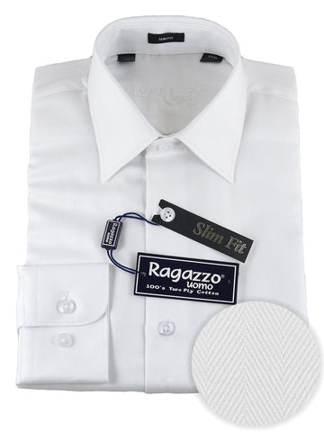 Ragazzo 25520 100% Cotton Boy's Dress Shirt - Slim Fit- Herringbone - White Boys Dress Shirt Ragazzo 