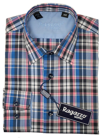 Ragazzo 26292 Boy's Sport Shirt - Cotton - Blue and Pink, Plaid Long Sleeve Boys Sport Shirt Ragazzo 
