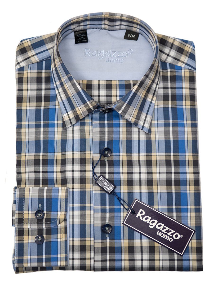 Ragazzo 26299 Boy's Sport Shirt - Cotton - Blue and Khaki, Plaid Long Sleeve Boys Sport Shirt Ragazzo 