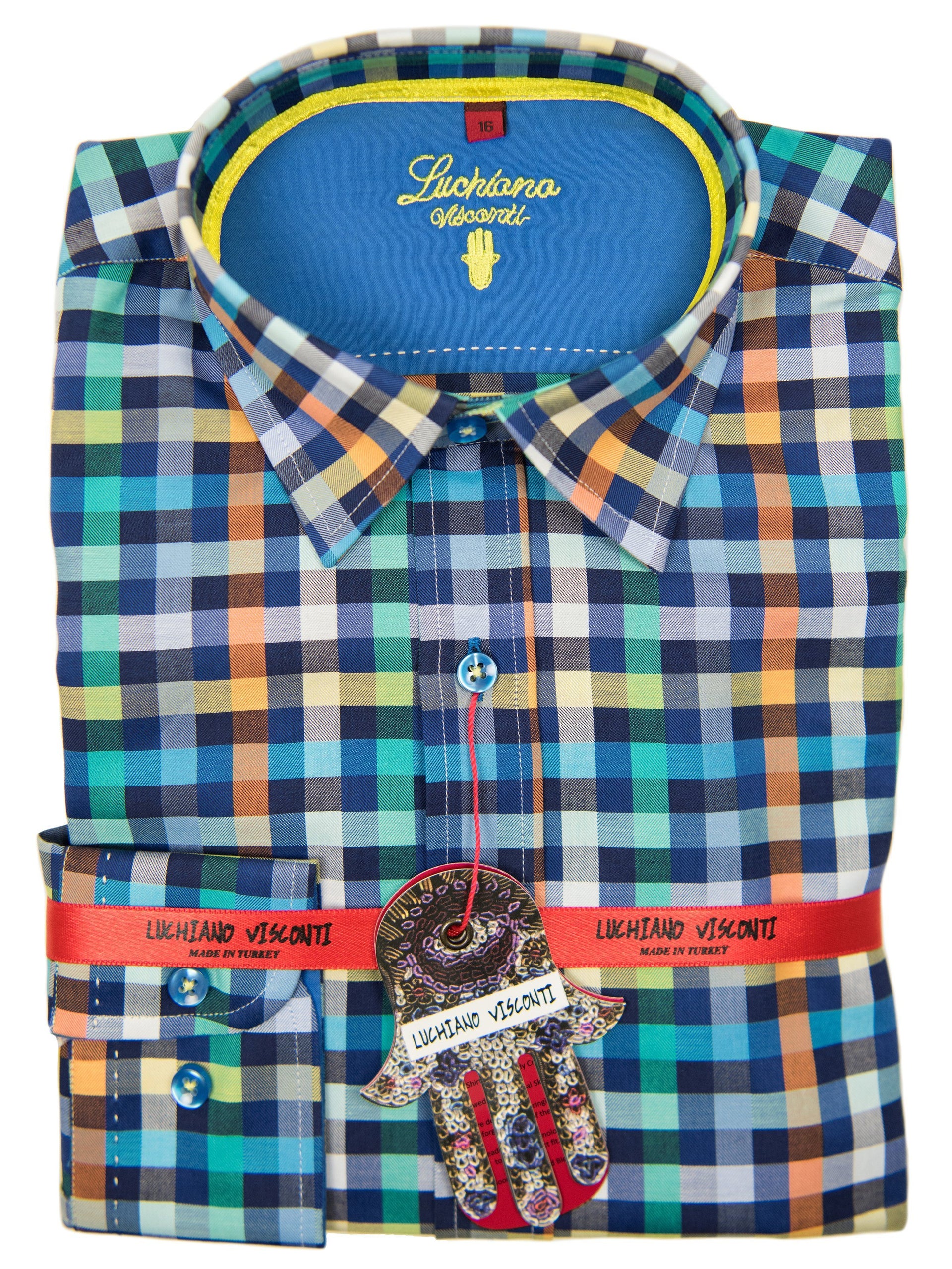 visconti dress shirts Luchiano Visconti Boy's Sport Shirt 27439 Blue/Orange Plaid 20 REG / Blue/Orange