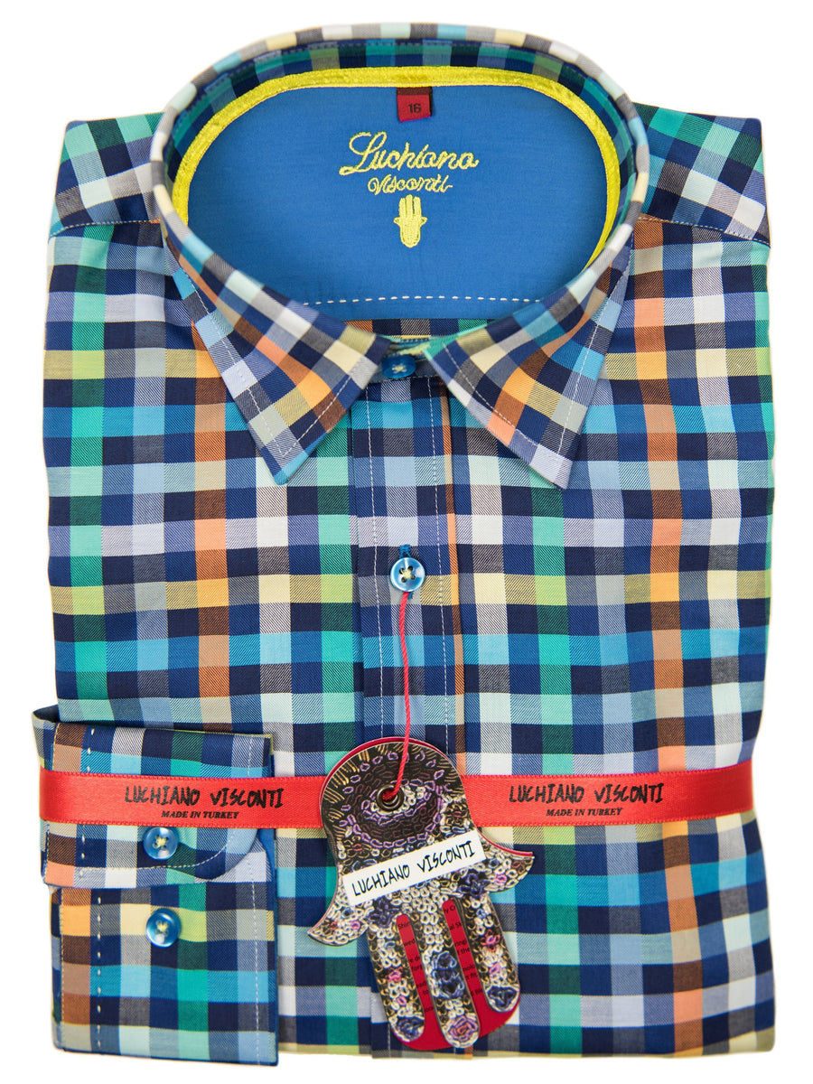 Luchiano Visconti Boy's Sport Shirt 27439 Blue/Orange Plaid Boys Sport Shirt Luchiano Visconti 