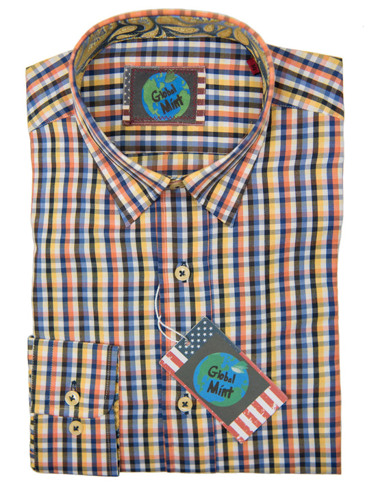 Global Mint by Luchiano Visconti Boy's Sport Shirt 27443 Blue/Yellow/Orange Plaid Boys Sport Shirt Luchiano Visconti 