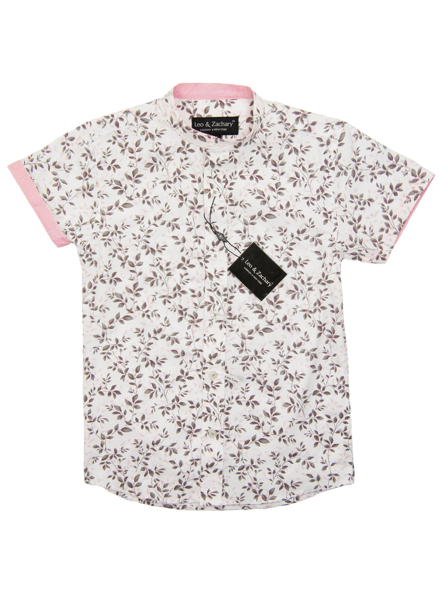 Leo & Zachary 28204 Boy's Short Sleeve Sport Shirt-Banded Collar-Grey/Pink Boys S/S Woven Leo & Zachary 