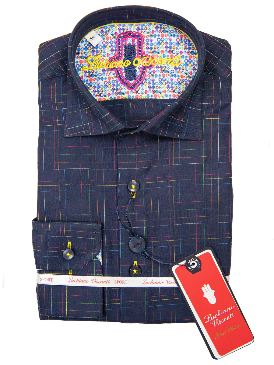 Luchiano Visconti 28718 Boy's Sport Shirt - Grid- Navy