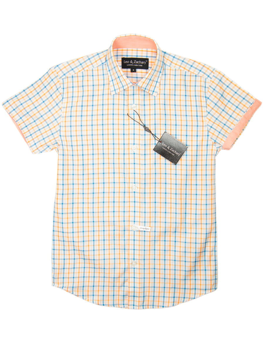 Leo & Zachary 28915 Boy's Short Sleeve Sport Shirt-Orange/Blue-Plaid