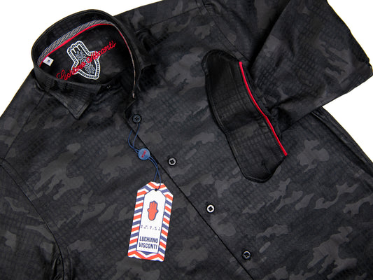Luchiano Visconti 29610 Boy's Sport Shirt - Camo Weave- Black