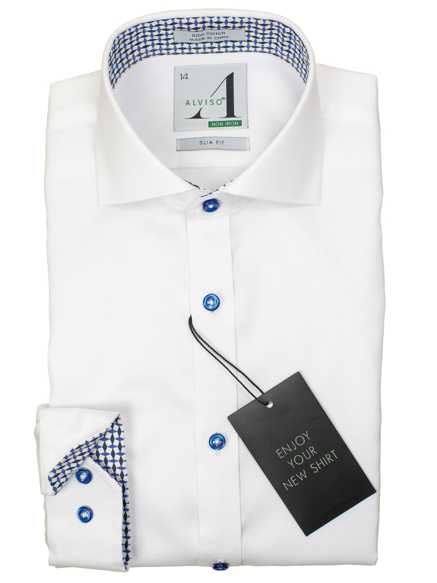 Alviso 29864 Boy's Slim Fit Dress Shirt - Solid Broadcloth - White - Contrast Collar/Cuff