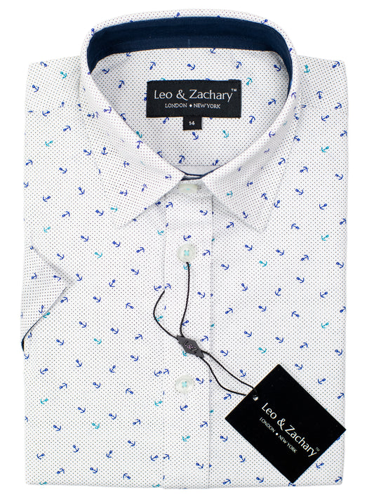 Leo & Zachary 30542 Boy's Short Sleeve Sport Shirt-White/Blue